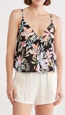 Billabong Carefree Cami Large Black Tropical Floral V Neck Smocked Crop Top NWT thumbnail 1