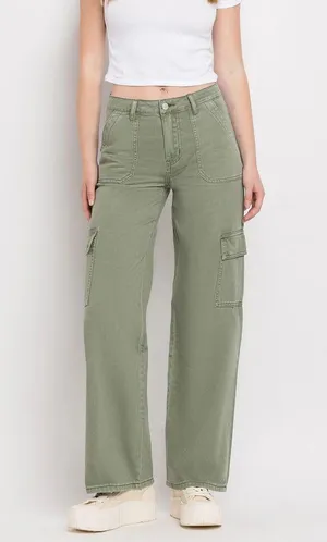 Vervet Cargo Wide Leg Jeans Army Green High Rise Utility 100% Cotton Size 26 thumbnail 1