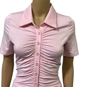 Source Unknown Pink Ruched Bodycon Full Button Front Short Sleeve Mini Dress Womens Small thumbnail 6