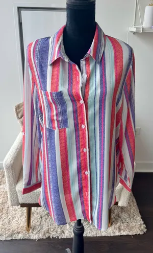 Boutique9 Bright Pink Orange Striped Long Sleeve Button Front Shirt Size Large thumbnail 1