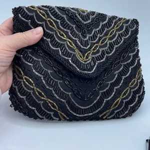 Vintage Y2K satin beaded black clutch. Snap front thumbnail 2