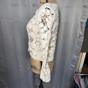 Ivory Cardigan Women XS Cream Crochet Button Front Boho Sweater Cottagecore‎ thumbnail 8