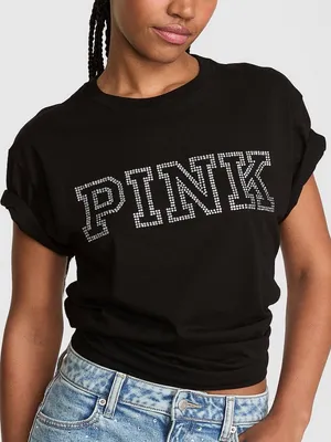 PINK Victoria's Secret Black Bling Diamanté Logo Campus Tee & Fleece Shorts L thumbnail 3