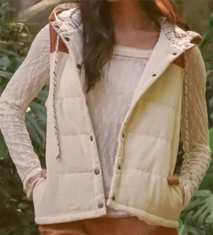 Hem & Thread Cream Quilted Hooded Vest with Brown Trim thumbnail 1
