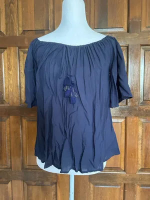 Lilly Pulitzer Sain Off-Shoulder Blouse Short‎ Bell Sleeve Tassel True Navy thumbnail 3