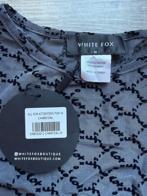 NWT White Fox All For Attention Monogram Sheer Short Sleeves Charcoal Top Size M thumbnail 3