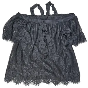 Chelsea 28 Black Lace Off Shoulder Crisscross Neck Ruffle Blouse‎ Top S thumbnail 4