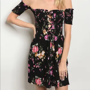 Black Floral Off Shoulder Lace Up Mini Dress Ruched Stretchy Size Small thumbnail 2