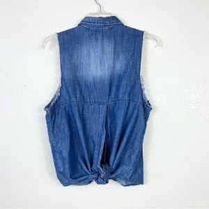BDG Chambray Denim Distressed Hem Sleeveless Button Up Shirt thumbnail 3