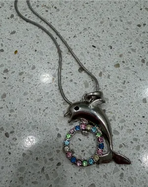 Sea world Silver Dolphin Necklace With Stones EUC thumbnail 1