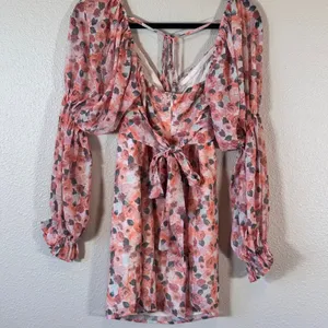 Lena Pink Orange Floral Boho Mini Dress Womens M Balloon Sleeve Spring Baddie thumbnail 12