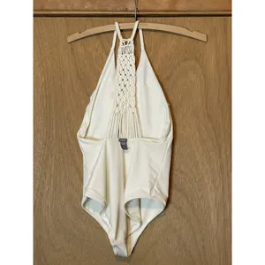 Aerie Women Medium Macrame Halter‎ Top One Piece Swimsuit White thumbnail 9