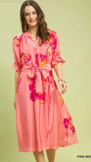 Umgee Floral‎ Flounce Sleeve Midi Dress with Belted - Pink Mix - Large thumbnail 1
