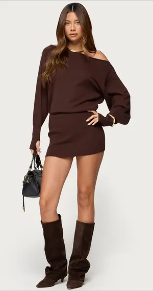 Edikted Eve Brown Off-Shoulder Sweater Mini Dress New in Package thumbnail 1