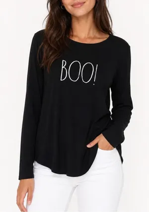 Rae Dunn Boo Halloween Long Sleeve Graphic Tee Shirt Black XL thumbnail 1