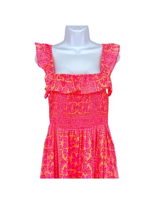 Vineyard Vines Neon Tortola Smocked Midi Dress Vibrant Pink Orange Size Medium thumbnail 11