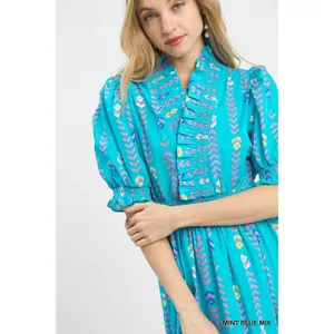Umgee Vibrant Ruffle Smocked Midi Dress -‎ Mint Blue Mix - Small thumbnail 3