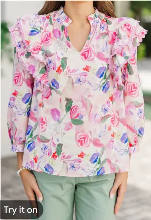 Entro Posh Pink Floral Ruffle Sleeve‎ Blouse Size Medium thumbnail 1