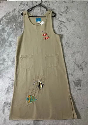 Vintage Overall Dress Embroidered Tropical Fish Pinafore Coastal Cottagecore Med thumbnail 1