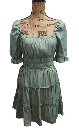 Blue Rain x Francesca's‎ Green Mini Dress Puff Sleeve Ruffle Tiered Womens thumbnail 1