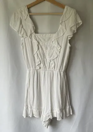 American Eagle white flirty flowy romper short sleeves‎ frilly square neckline thumbnail 1