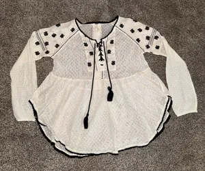Free People Ivory and Black Embroidered Mesh Peasant Tunic Blouse thumbnail 1