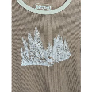 American Eagle Waffle Knit Graphic Thermal Womens‎ Size S Tan Forest Y2K Cotton thumbnail 3