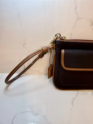 Vintage Coach Black Fabric & Tan Leather Turn-lock Wristlet Pouch thumbnail 3