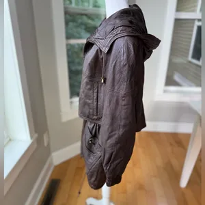 Vintage GIII Brown Genuine Leather Jacket Hooded Anorak Trench Coat Sz Small thumbnail 2