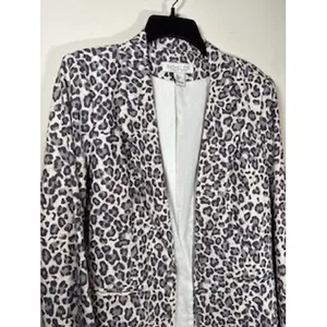 RACHEL ZOE Blazer‎ Large Grey Leopard Print Linen Blend Open Front Chic Career thumbnail 2