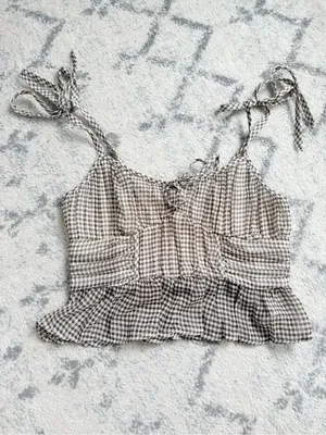 American Eagle Outfitters Brown and White Gingham Tie-Shoulder Crop Top thumbnail 2