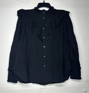 Loft Black Swiss Dot Ruffle Trim Long Balloon Sleeve Blouse Regencycore Size M thumbnail 1
