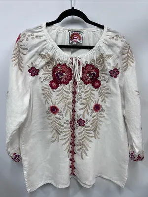 Johnny Was White Embroidered Floral Peasant linen Maya Blouse xl FLAWED thumbnail 1