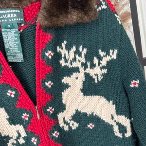 Vintage Ralph Lauren Hand Knit Wool Fur Collar Reindeer Christmas Sweater zipup thumbnail 7