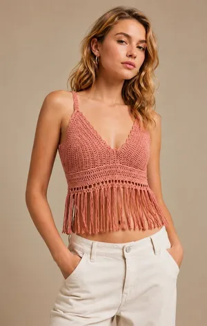 POL Crochet Fringe Crop Top Bralette – Boho Festival Tank, Dusty Rose Pink, Sz L thumbnail 1
