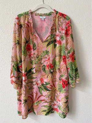 J Jill Tropical Paradise Split Neck Tunic Top Size Large Vacation Colorful thumbnail 1