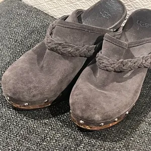 UGG Kaylee Grey Suede Mule Slip On Wooden Clogs Stud Heels Women’s Size 8 thumbnail 1