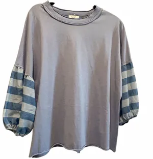 Sage Vell Boutique Blue Balloon 3/4 Stripe Sleeve Crew Relaxed Blouse Top XL thumbnail 1