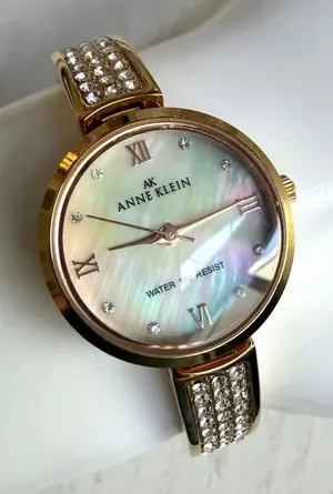 Anne Klein AK Gold Tone Watch Mother of Pearl Dial Crystal Accents Water Resist thumbnail 1