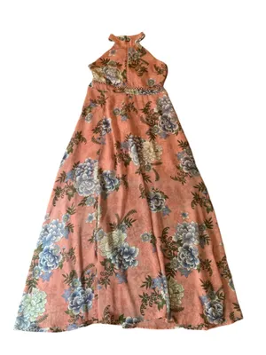 Miami maxi Dress Large Peach with Blue Yellow Floral Halter Crochet Derails thumbnail 1