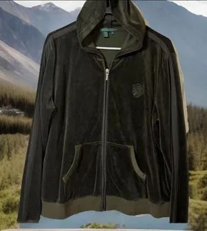 EUC Y2K Lauren‎ Active Ralph Lauren Green Velour Track Jacket Hoodie-L thumbnail 1