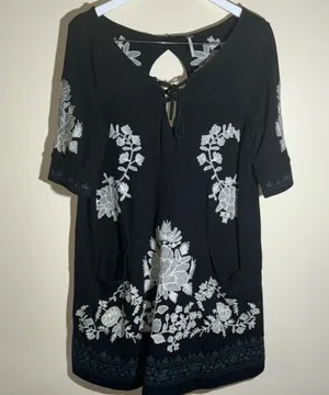 Free People Women's Black & White Embroidered Mini Dress Size Large thumbnail 1