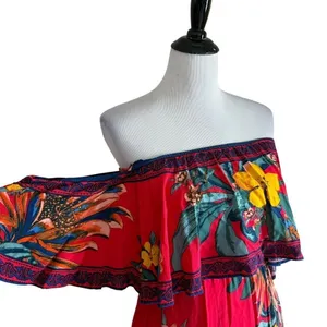 Flying Tomato Tropical Print Off The Shoulder Red Maxi Dress Womens XS Flowy Beach Vacation thumbnail 6