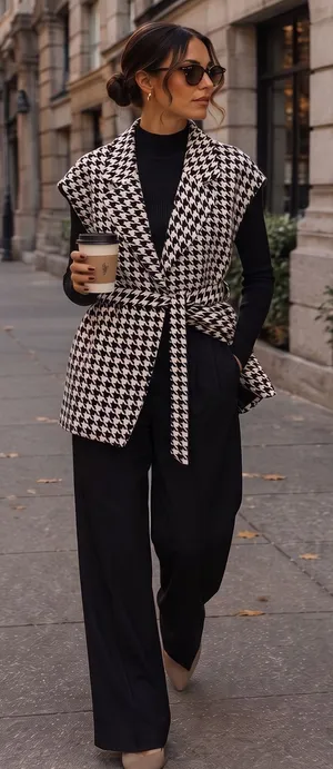 SHEIN Houndstooth Belted Sleeveless Jacket thumbnail 1