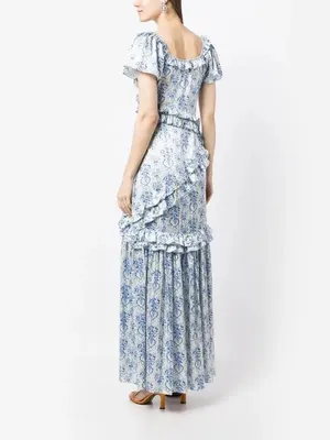 LoveShackFancy Kenya Ruffled White and Blue Floral Maxi Dress Size 2 thumbnail 4