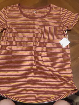 Women's Striped Short Sleeve Pocket Tee in Rust, Pink & Yellow thumbnail 1