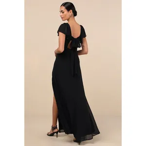 NWT Lulus Simply Delightful Black Tie-Back Flutter Sleeve Maxi Dress Slit Sz S thumbnail 3