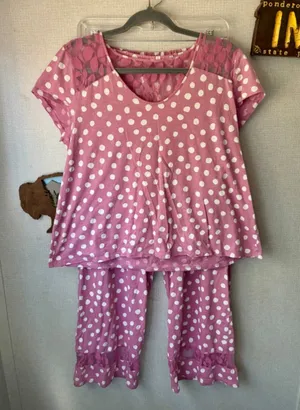 Garnet Hill Green Cotton Polka Dot Pajama Set Pink White Size Medium thumbnail 1