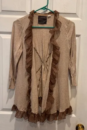 Guinevere Cardigan Brown Striped‎ Ruffle Trim Striped Open Front Sweater Large thumbnail 1