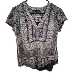 Lucky Brand Boho Patterned V-Neck High/Low Short Sleeve Shirt thumbnail 1